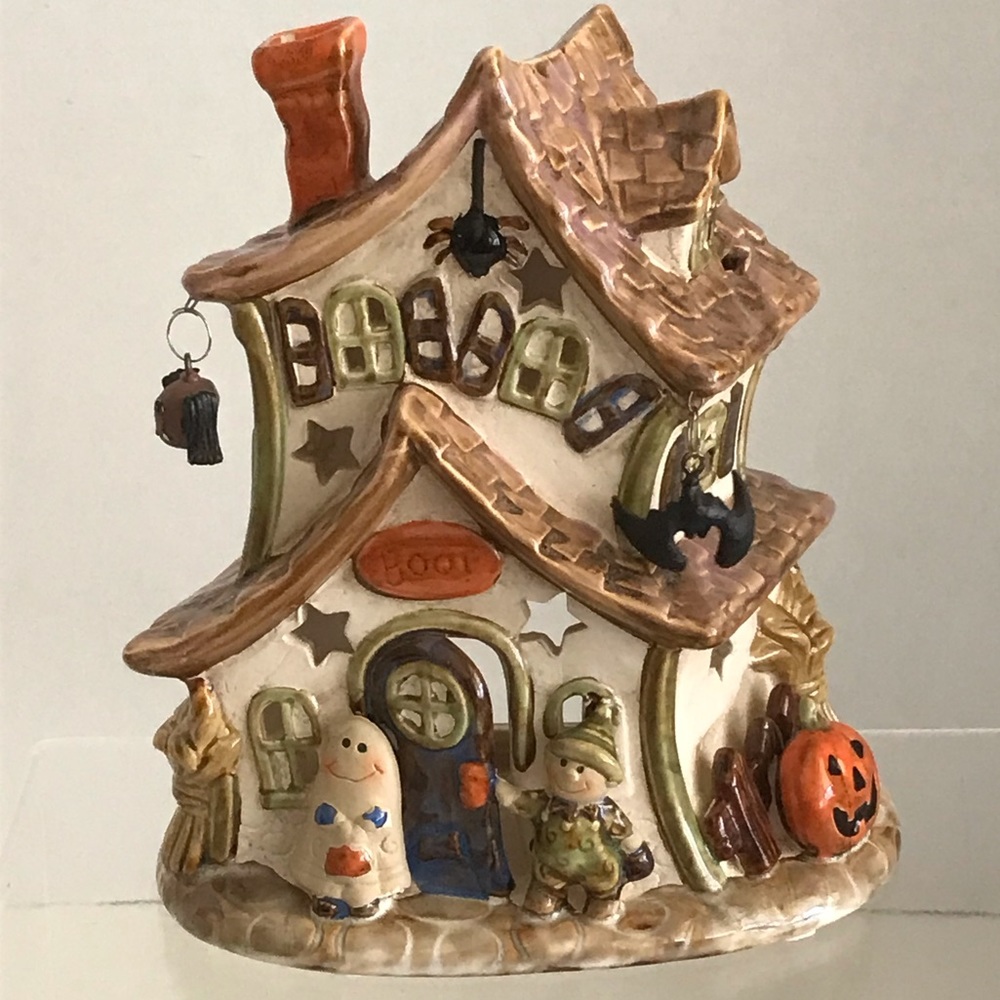 Glazed Porcelain Haunted House Tea Light Candle Holder